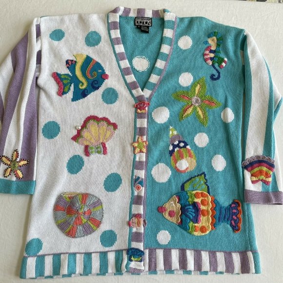 Berek Fish Beach Nautical Cardigan Sequin M - Picture 2 of 7